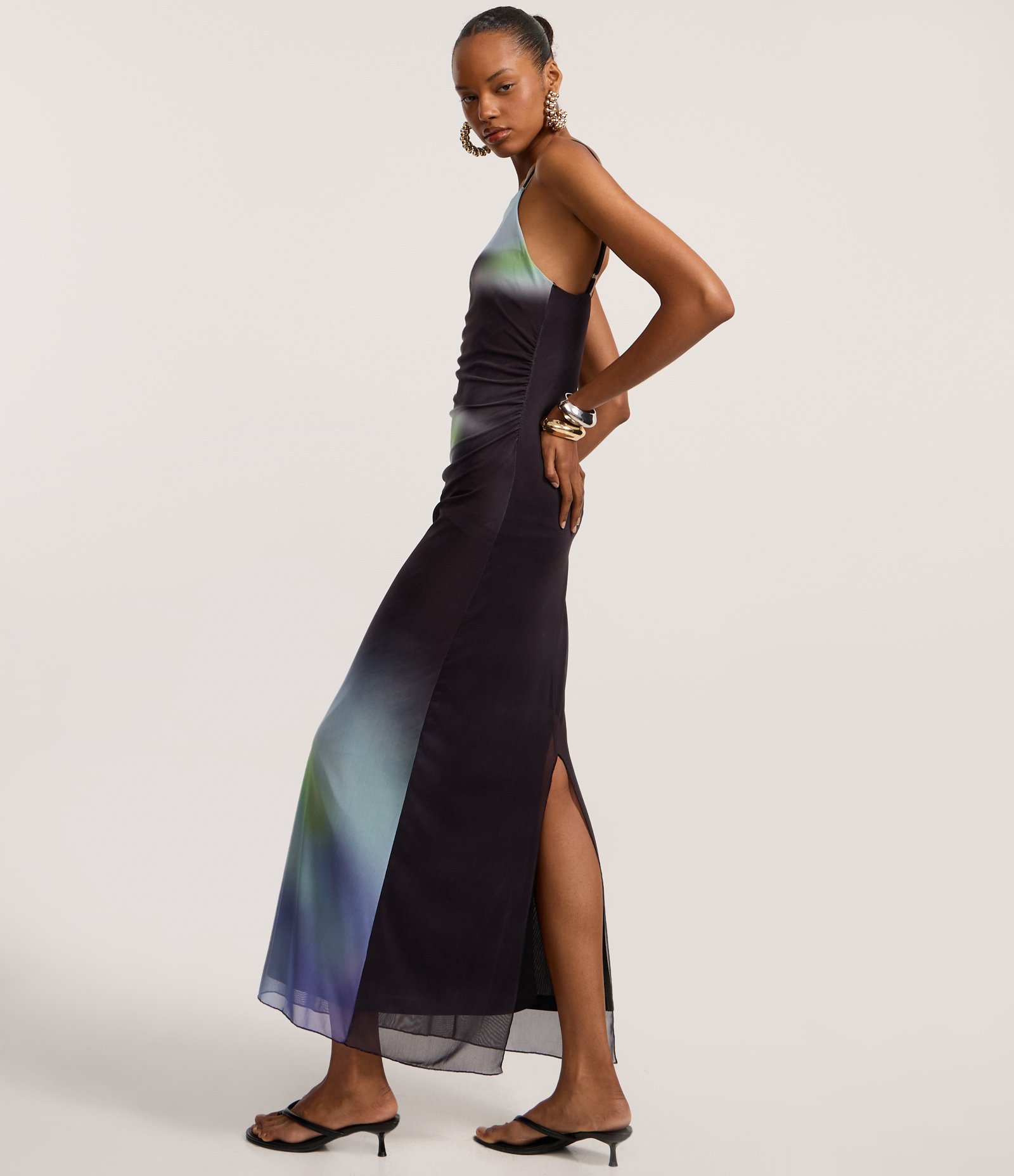 Vestido Midi em Tule com Estampa Manchada Flor e Franzido Anthracite 3