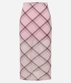 Saia Midi Lápis em Tule com Estampa Xadrez