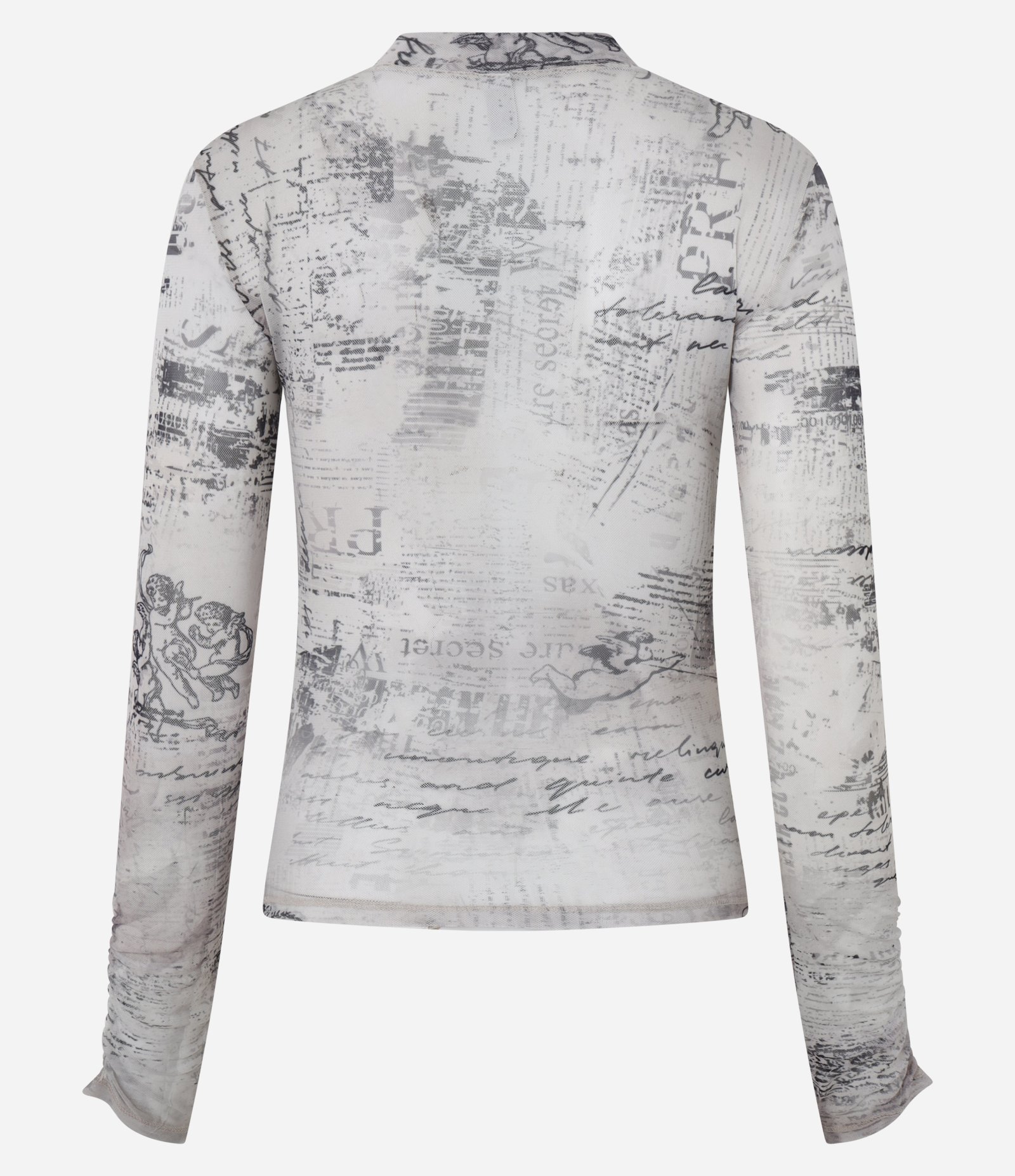 Blusa em Tule com Manga Longa e Estampa Vintage Branco/Preto 5