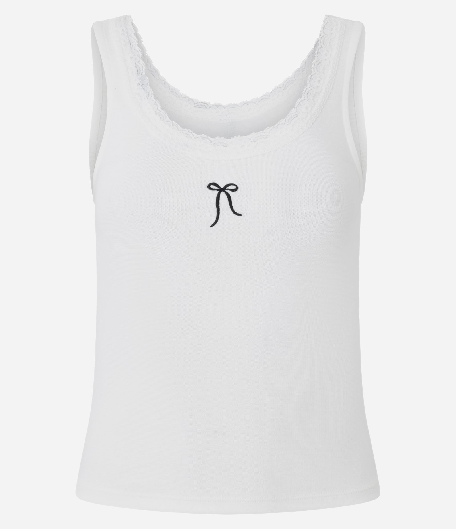 Blusa Regata em Ribana com Lacinho Bordado e Renda Branco 1