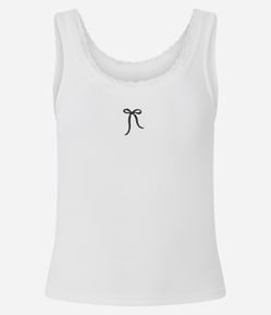 Blusa Regata em Ribana com Lacinho Bordado e Renda