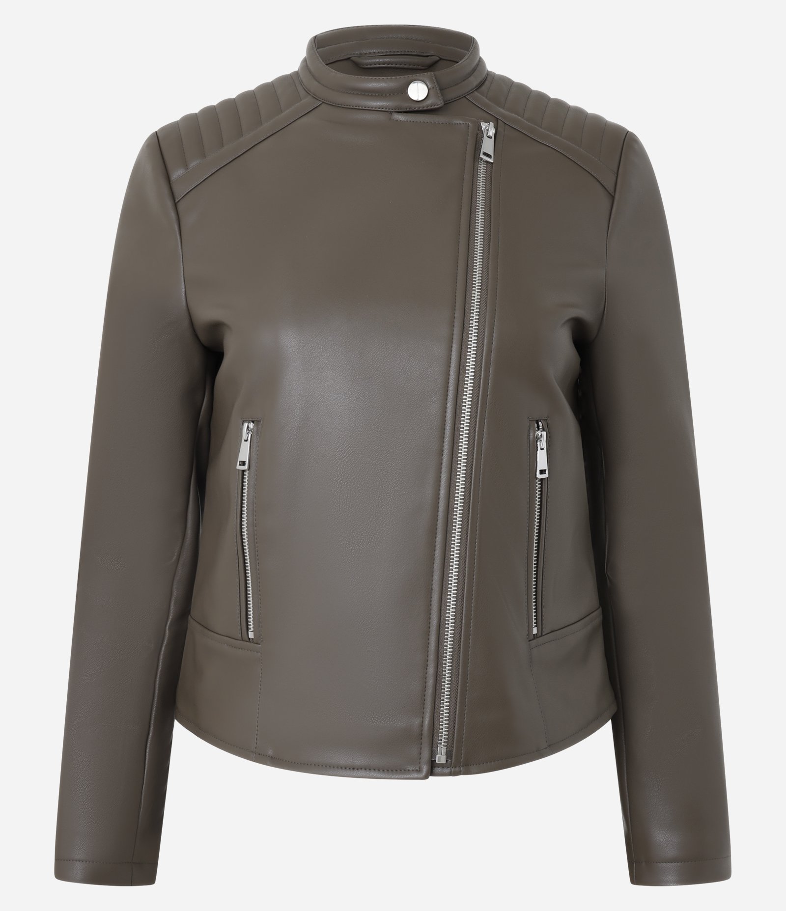 Jaqueta Biker em PU com Matelassê no Ombro e Fechamentos em Zíper Marrom 1