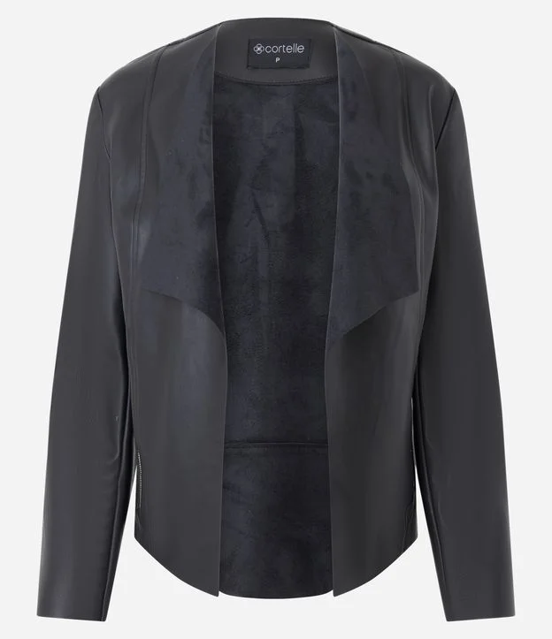 Jaqueta em PU com Lapela Frontal e Recorte a Laser