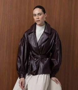 Jaqueta Leve Oversized em PU com Manga Baloon e Cinto