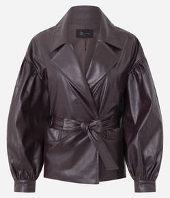 Jaqueta Leve Oversized em PU com Manga Baloon e Cinto