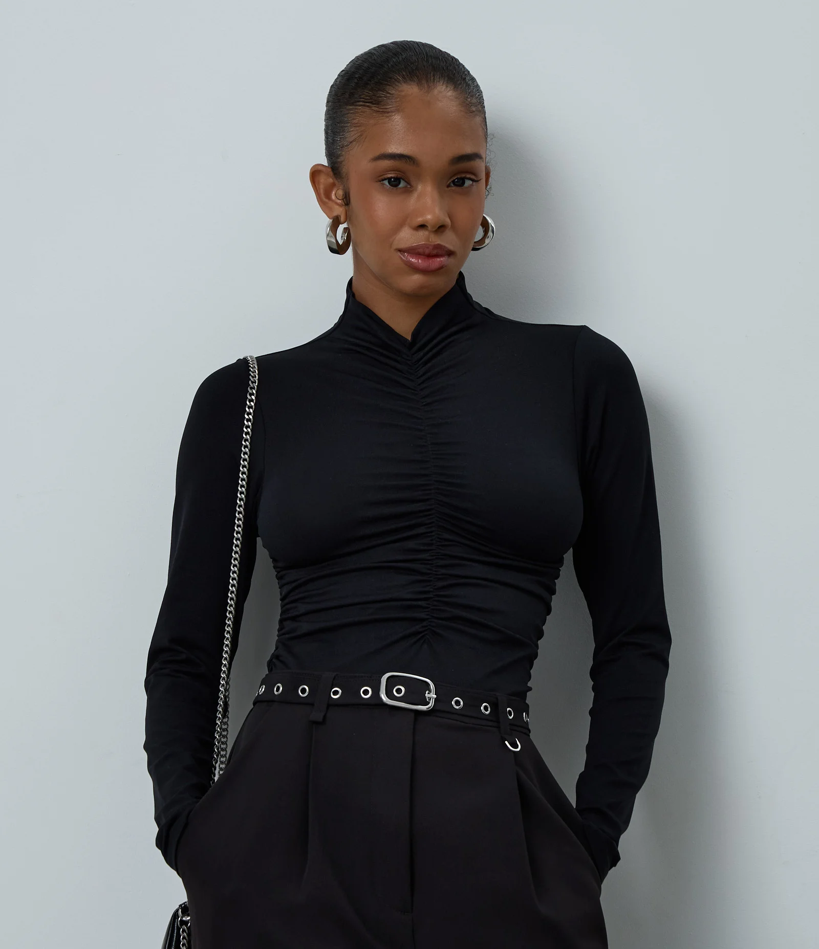 Body Seamless com Gola Alta e Franzido na Cintura Preto 1