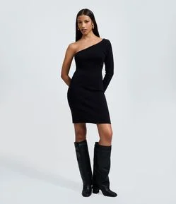 Vestido Ombro Único em Tricô com Brilho