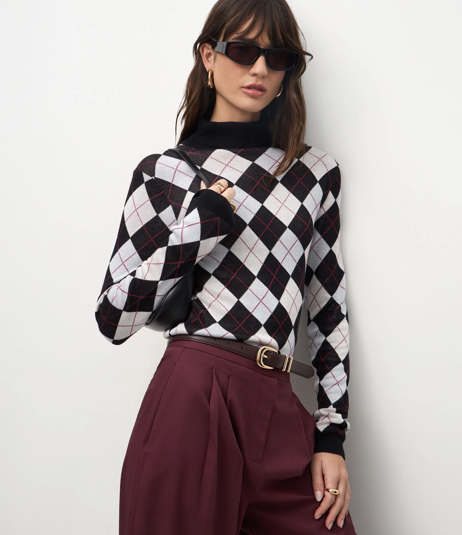 Blusa Tricô Argyle Xadrez com Gola Alta Preto 3