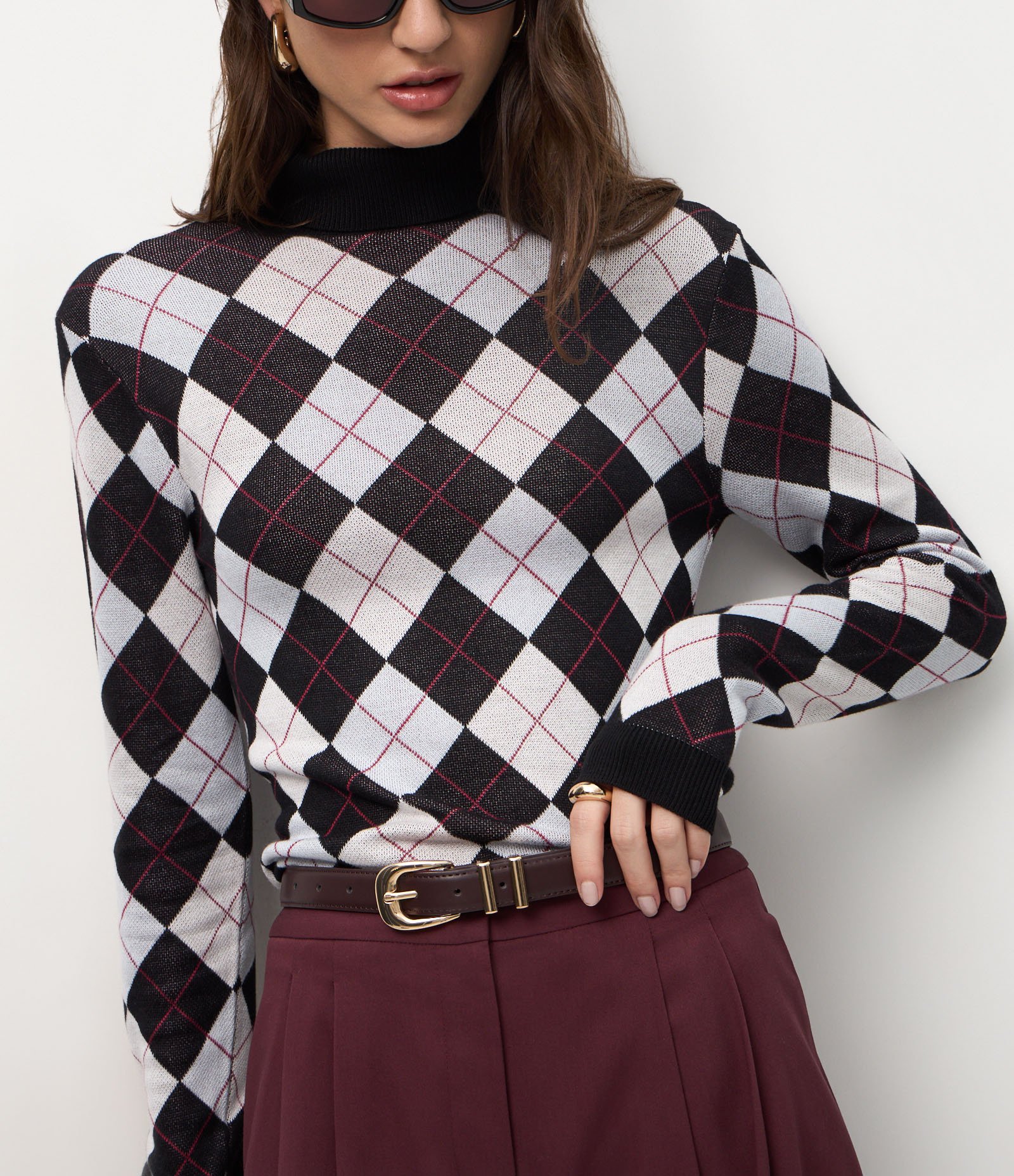 Blusa Tricô Argyle Xadrez com Gola Alta Preto 6