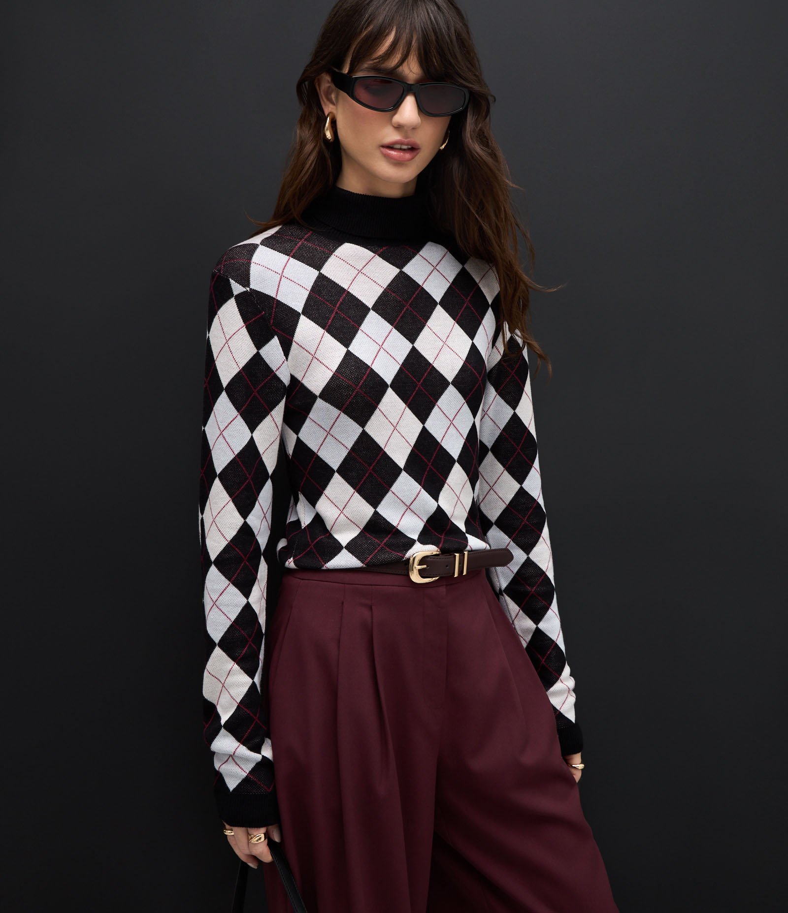 Blusa Tricô Argyle Xadrez com Gola Alta Preto 7