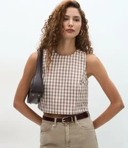 Blusa em Sarja com Gola Redonda e Estampa Xadrez Vichy