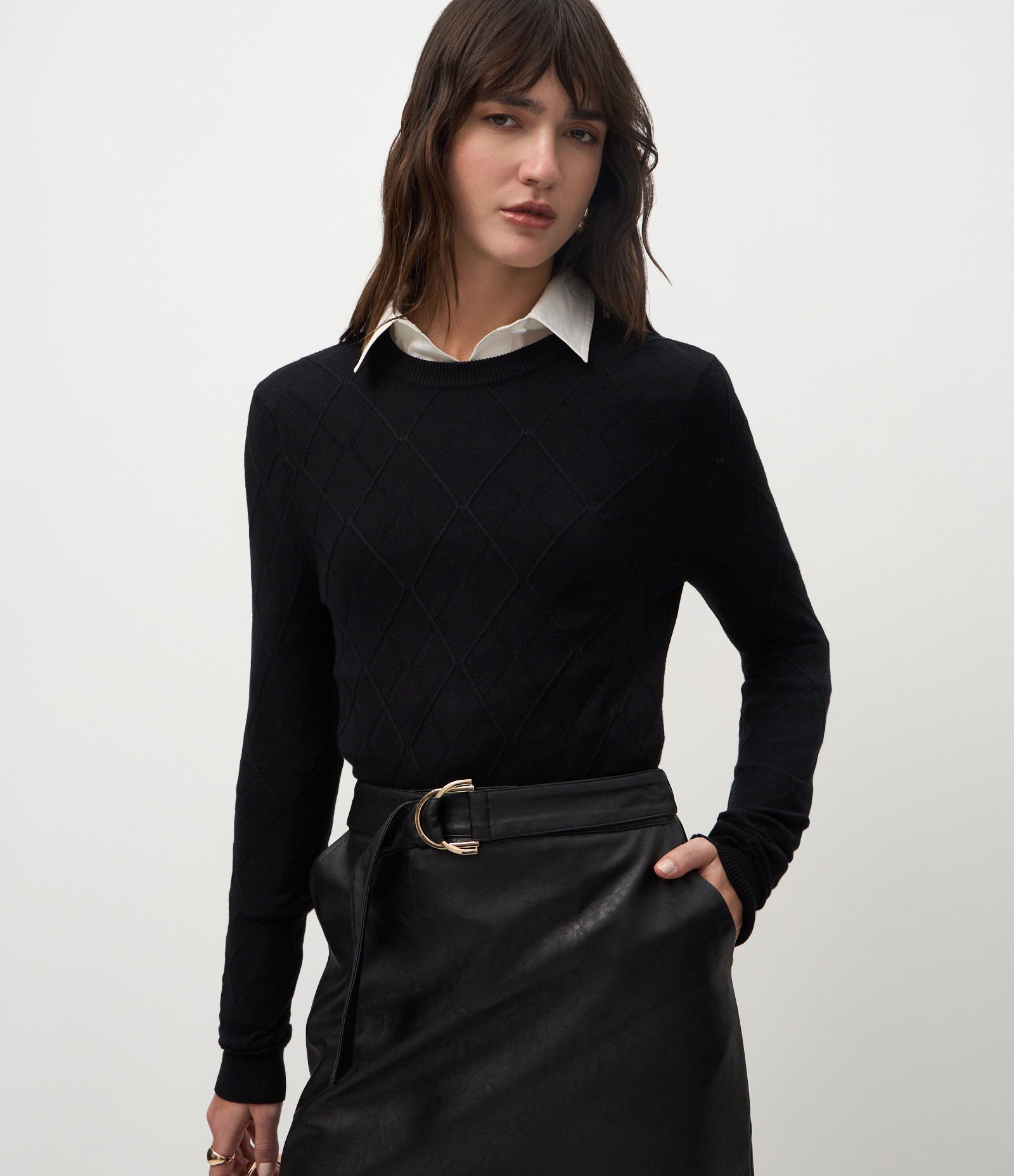 Blusa em Tricô com Textura de Losangos Preto 1