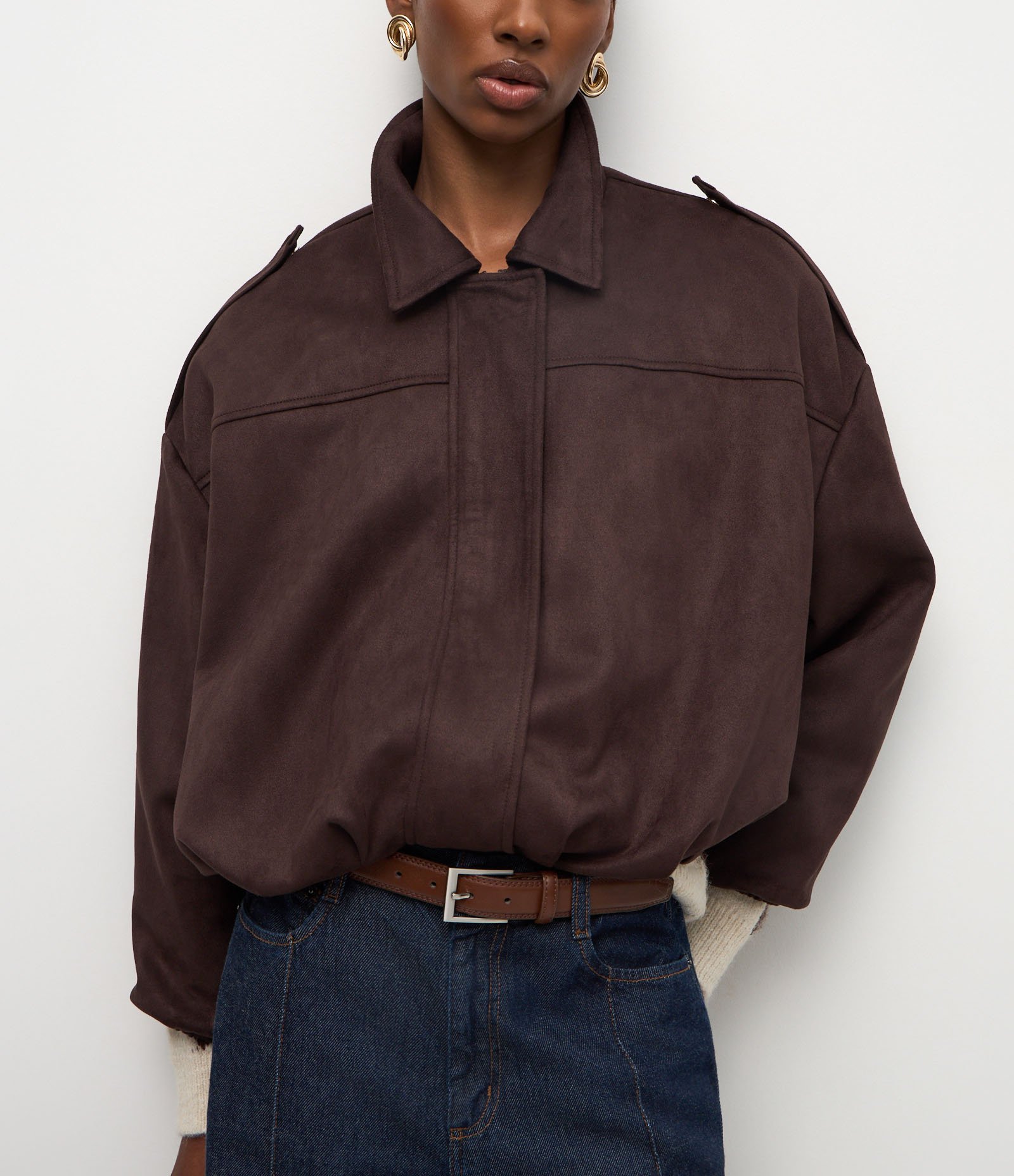 Jaqueta Bomber Suede Com Gola Clássica Marrom 5