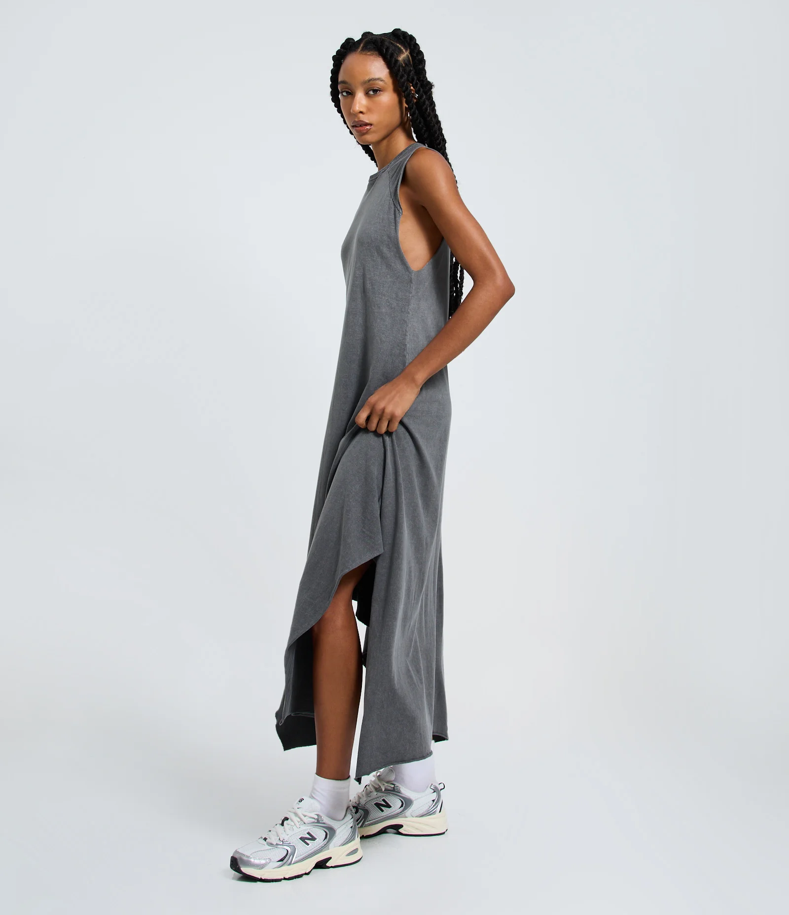 Vestido New Midi Marmorizado com Pontas na Barra Cinza 1