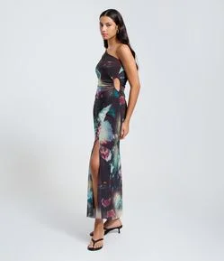 Vestido New Midi em Tule Degrade e Cut Out Lateral