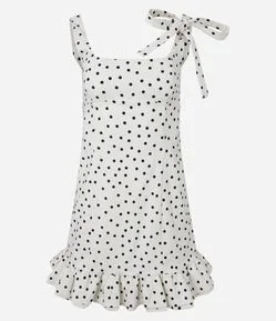 Vestido em Bengaline com Babados na Barra e Estampa Poá