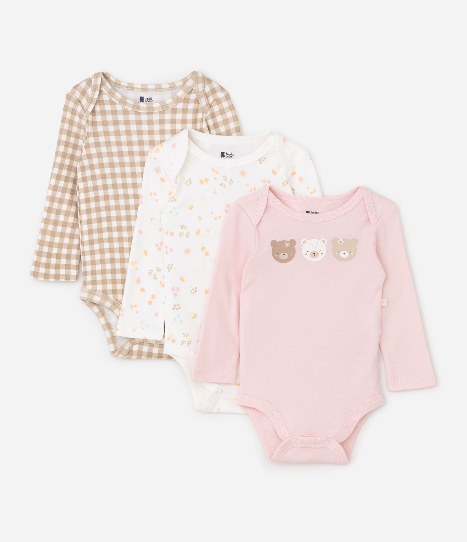 Kit 03 Bodies Bebê Manga Longa com Estampa Xadrez e Floral – Tam RN A 18 Meses Rosa/Bege/Branco 1