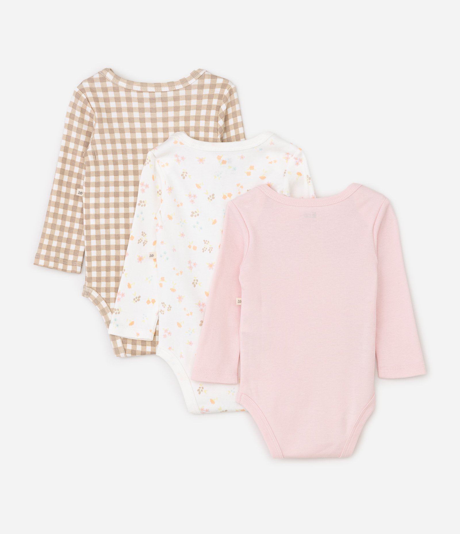 Kit 03 Bodies Bebê Manga Longa com Estampa Xadrez e Floral – Tam RN A 18 Meses Rosa/Bege/Branco 2