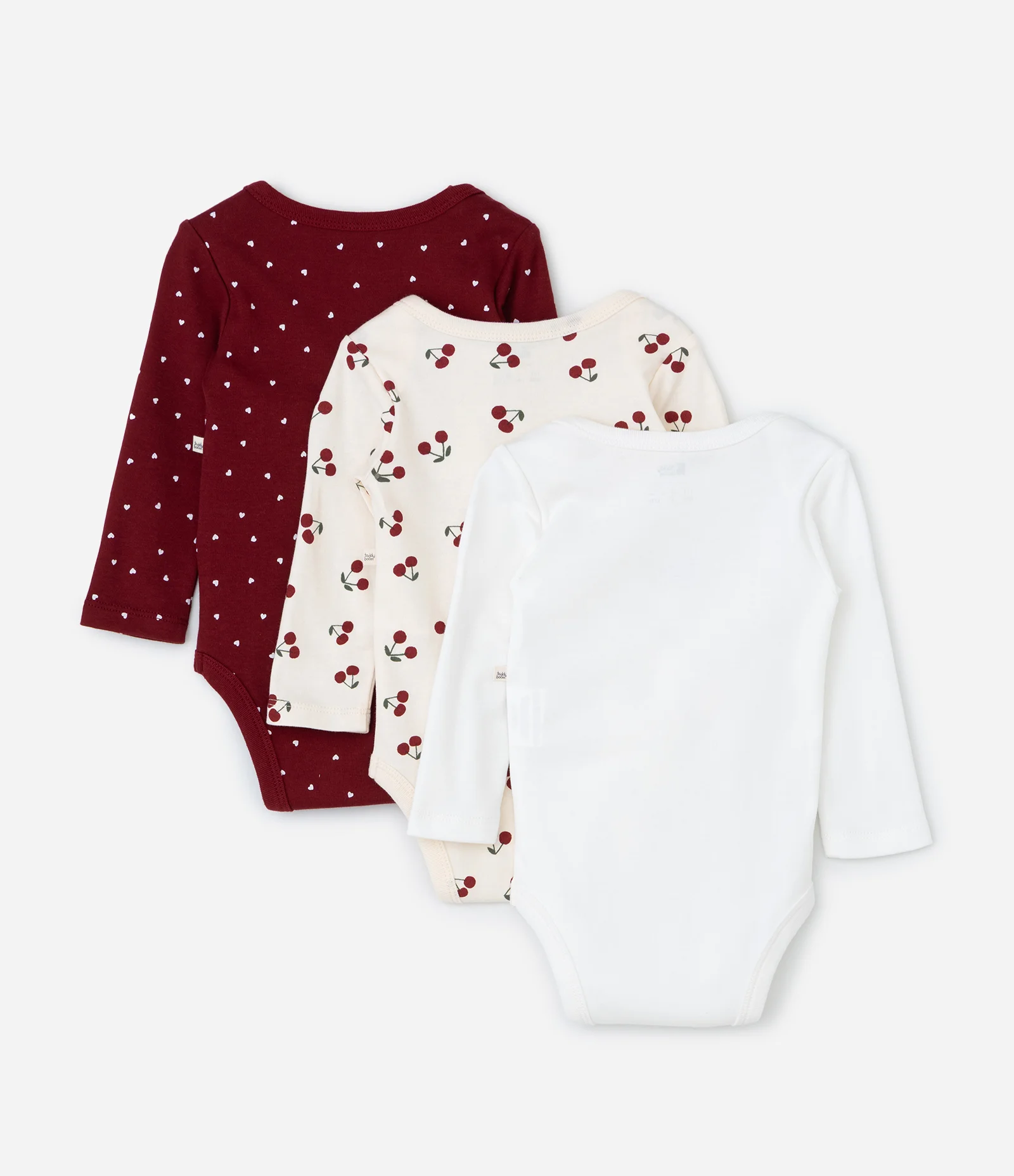 Kit 03 Bodies Bebê Manga Longa Estampa Cerejas – Tam RN a 18 Meses Bordô/Branco/Bege Claro 2