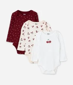 Kit 03 Bodies Bebê Manga Longa Estampa Cerejas – Tam RN a 18 Meses