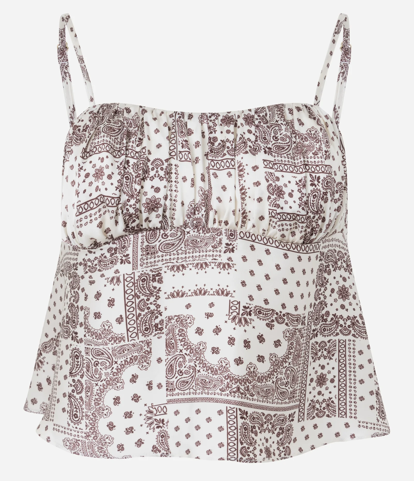 Blusa em Cetim com Alça Fina e Estampa Abstrata Bege/Rosa 1