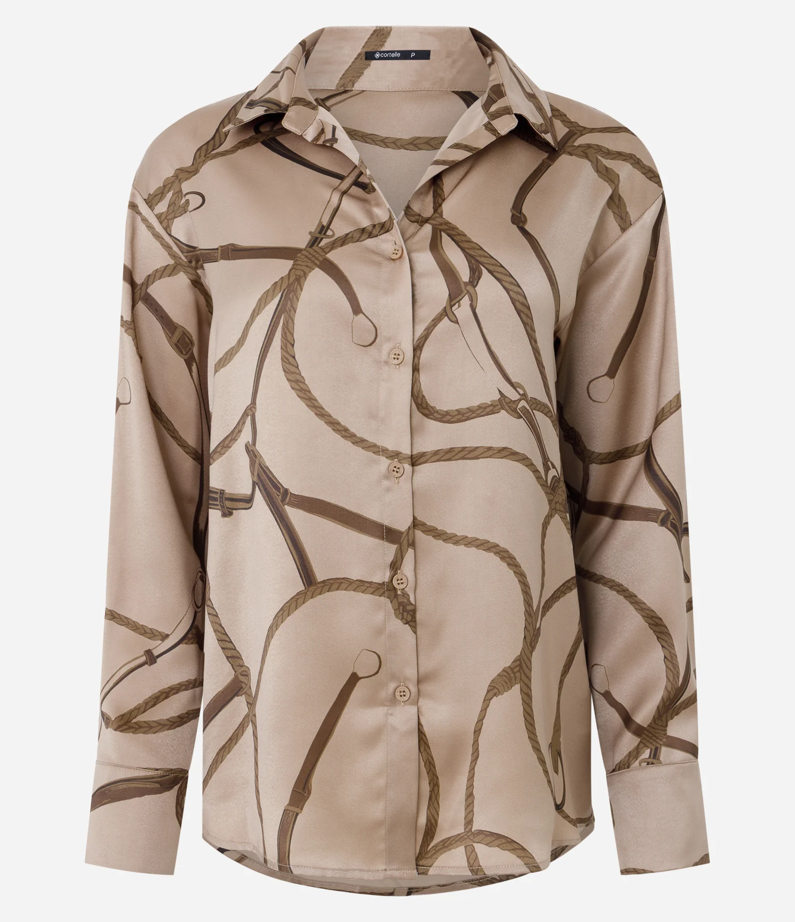 Camisa Estampada em Cetim com Mangas Longas Bege 1