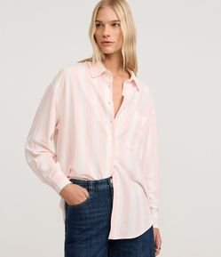 Camisa Alongada em Viscolinho com Listras Verticais