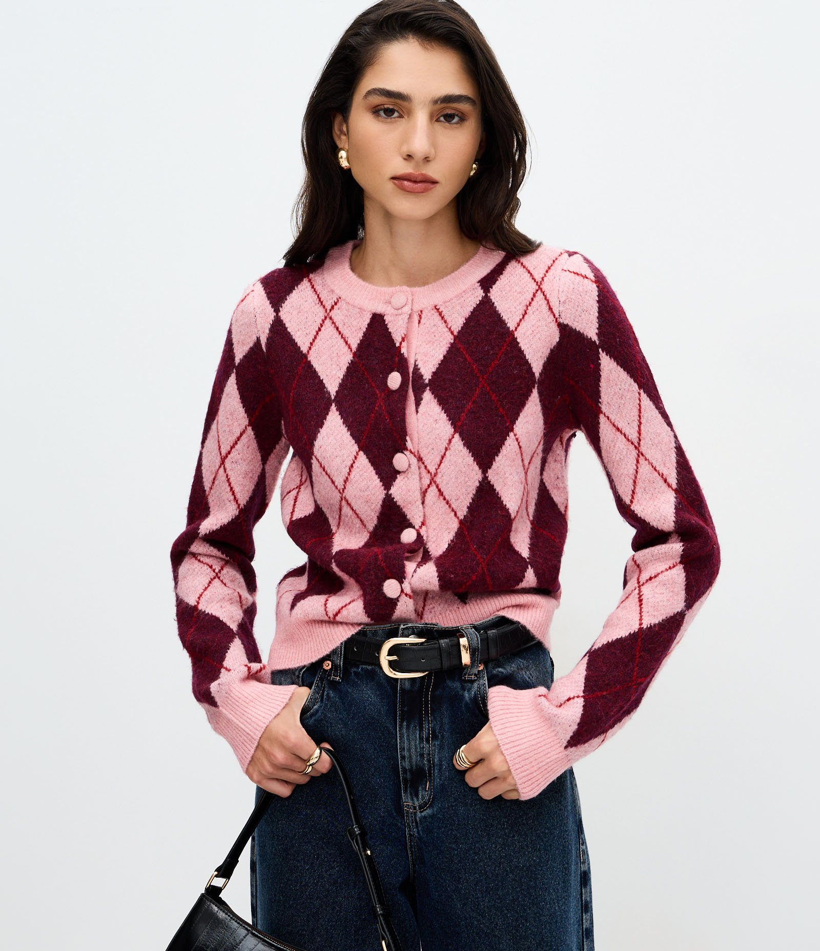 Cardigan Curto em Tricô com Estampa Xadrez Rosa 1