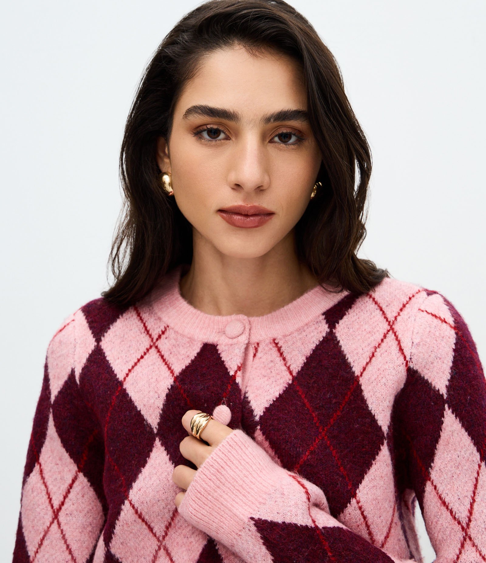 Cardigan Curto em Tricô com Estampa Xadrez Rosa 3