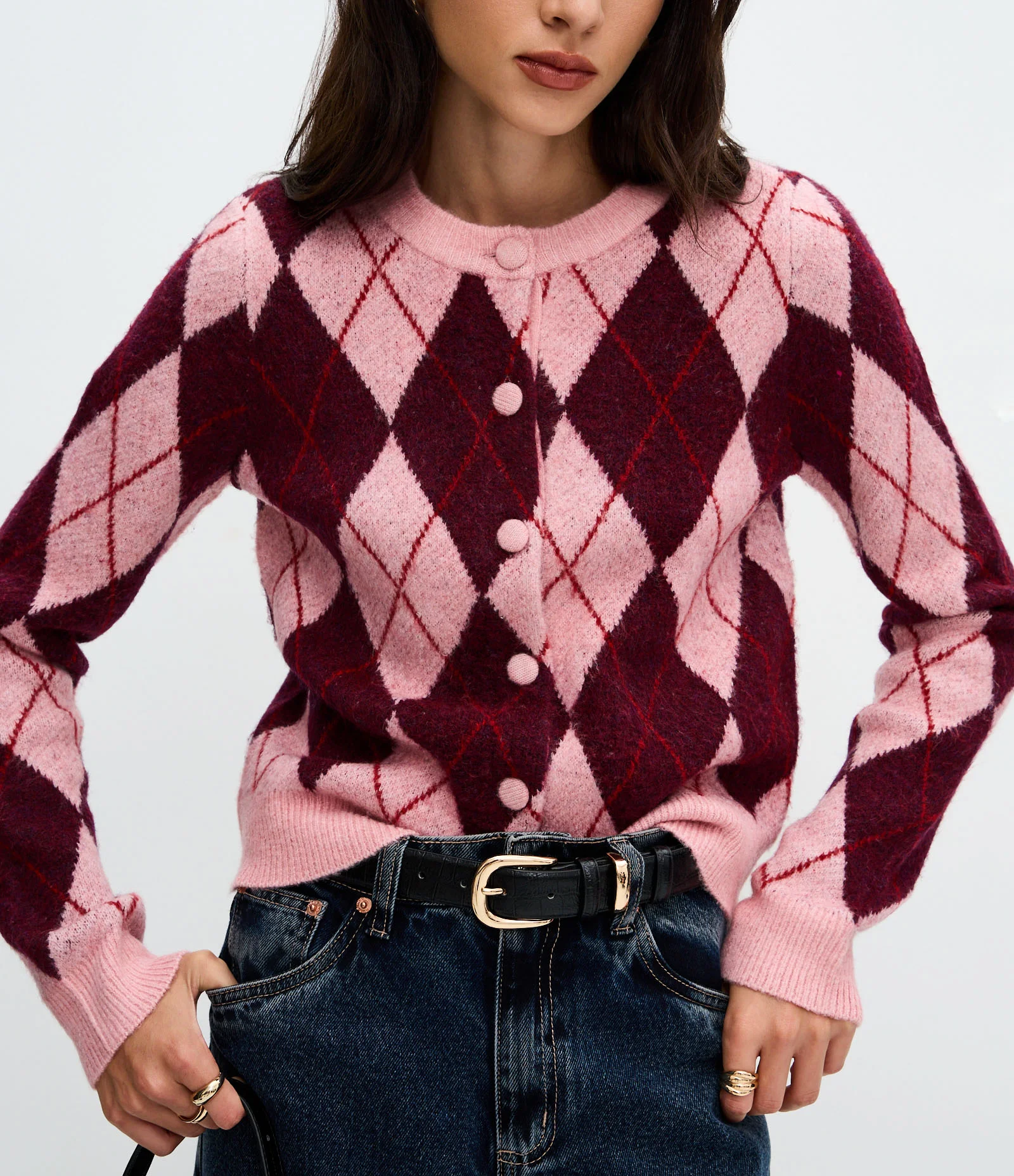 Cardigan Curto em Tricô com Estampa Xadrez Rosa 4