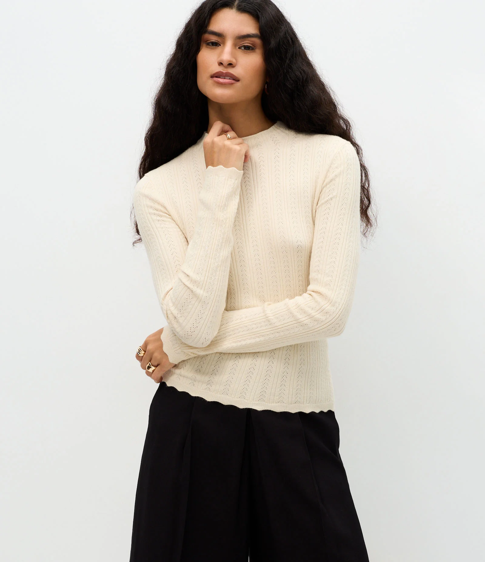 Blusa Regular em Tricô com Ponto Furadinho Off White 1