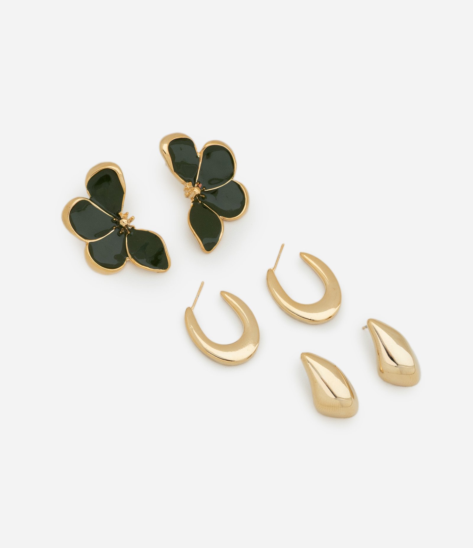 Kit 03 Brincos em Metal com Flor Esmaltada e Argolas Orgânicas Verde/Dourado 1