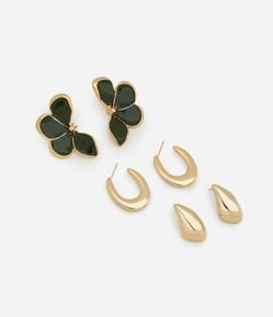 Kit 03 Brincos em Metal com Flor Esmaltada e Argolas Orgânicas
