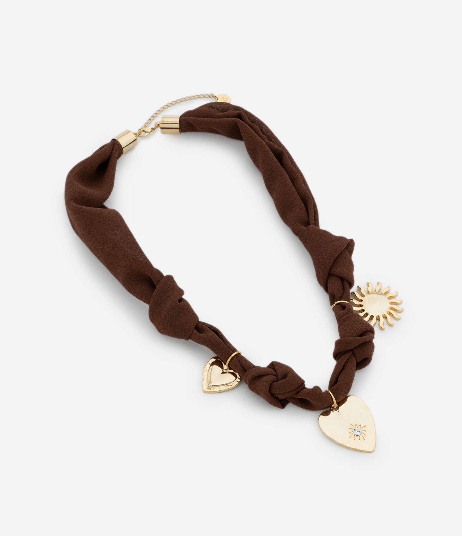 Colar Curto em Tecido Chiffon com Pingentes de Sol e Coração Marrom 2
