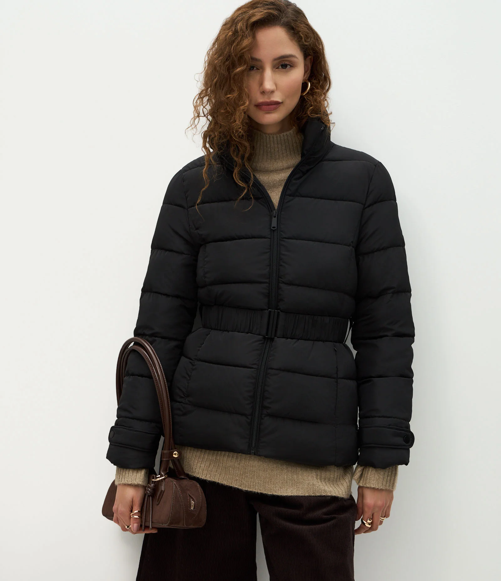 ジャケット・アウター ella selectshop shaggy jacquard blouson Jaqueta Acolchoada Pesada com Cinto Marcado Preto