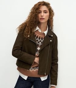 Jaqueta em Suede com Zíper Assimétrico