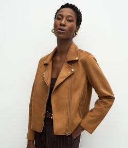 Jaqueta em Suede com Zíper Assimétrico