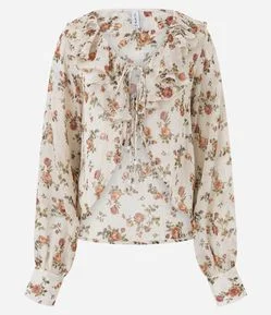 Blusa Bata em Chiffon com Babados no Decote e Estampa Floral