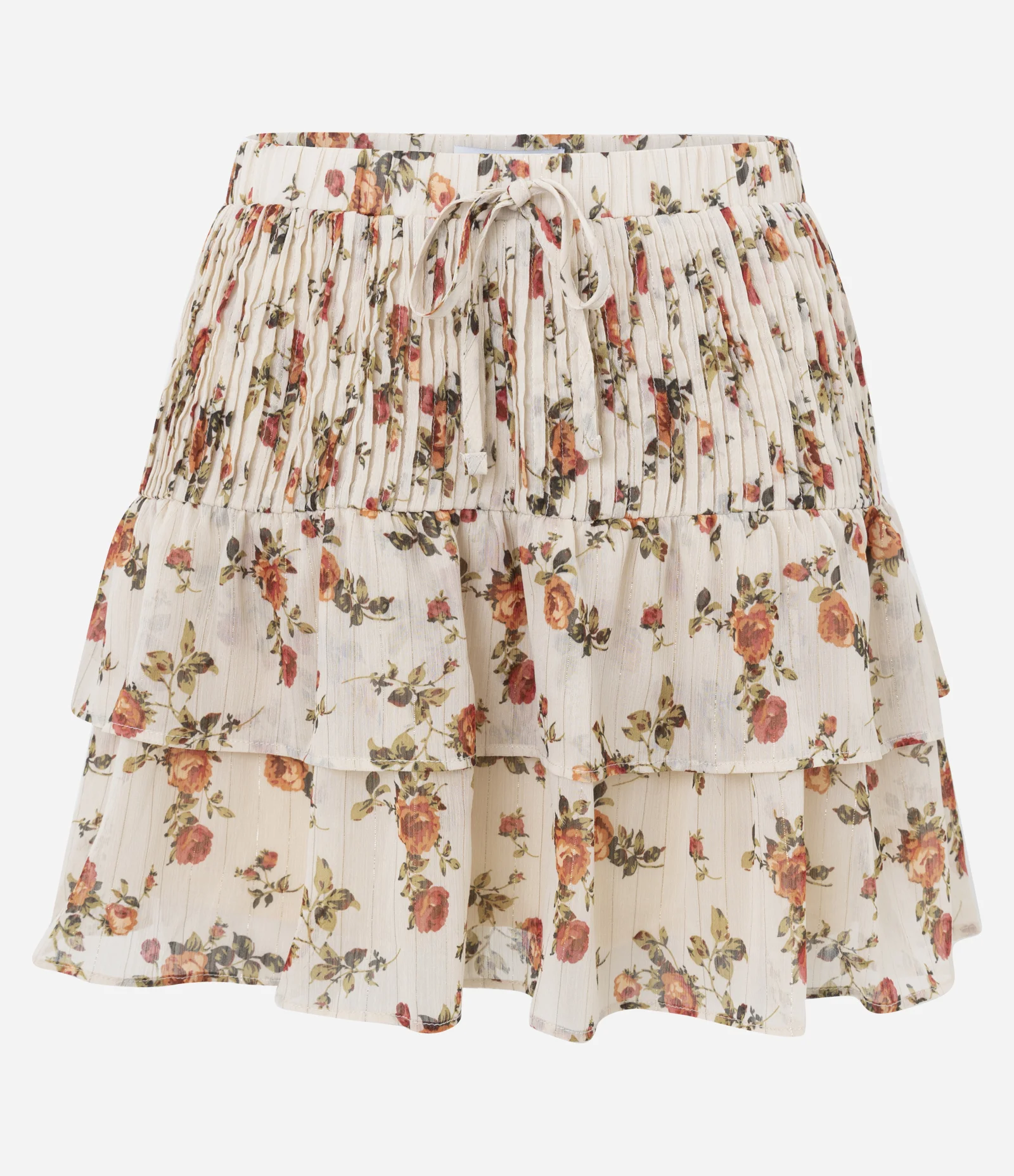 Saia Curta em Chiffon com Estampa Flores e Babados Bege 1