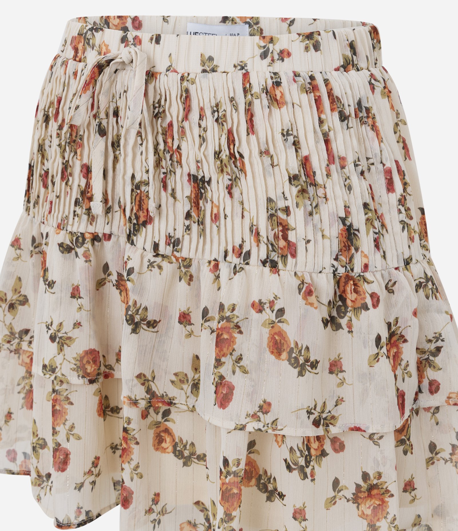 Saia Curta em Chiffon com Estampa Flores e Babados Bege 2