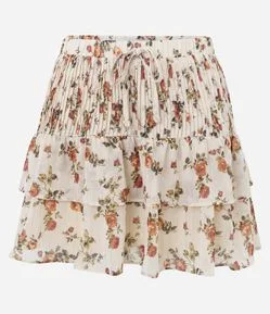 Saia Curta em Chiffon com Estampa Flores e Babados