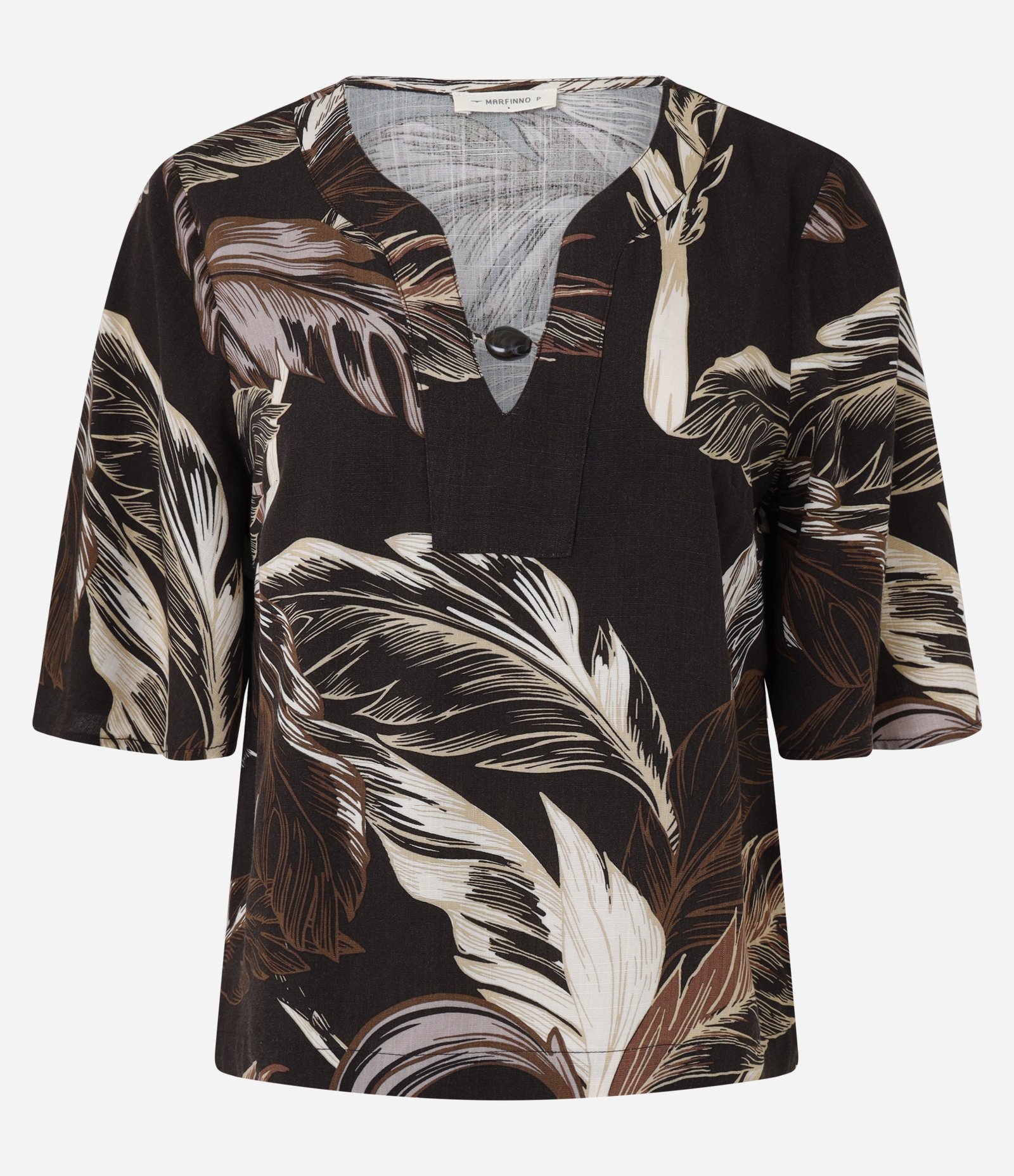 Blusa Feminina Manga Curta Folhagem com Gola V Marrom 5