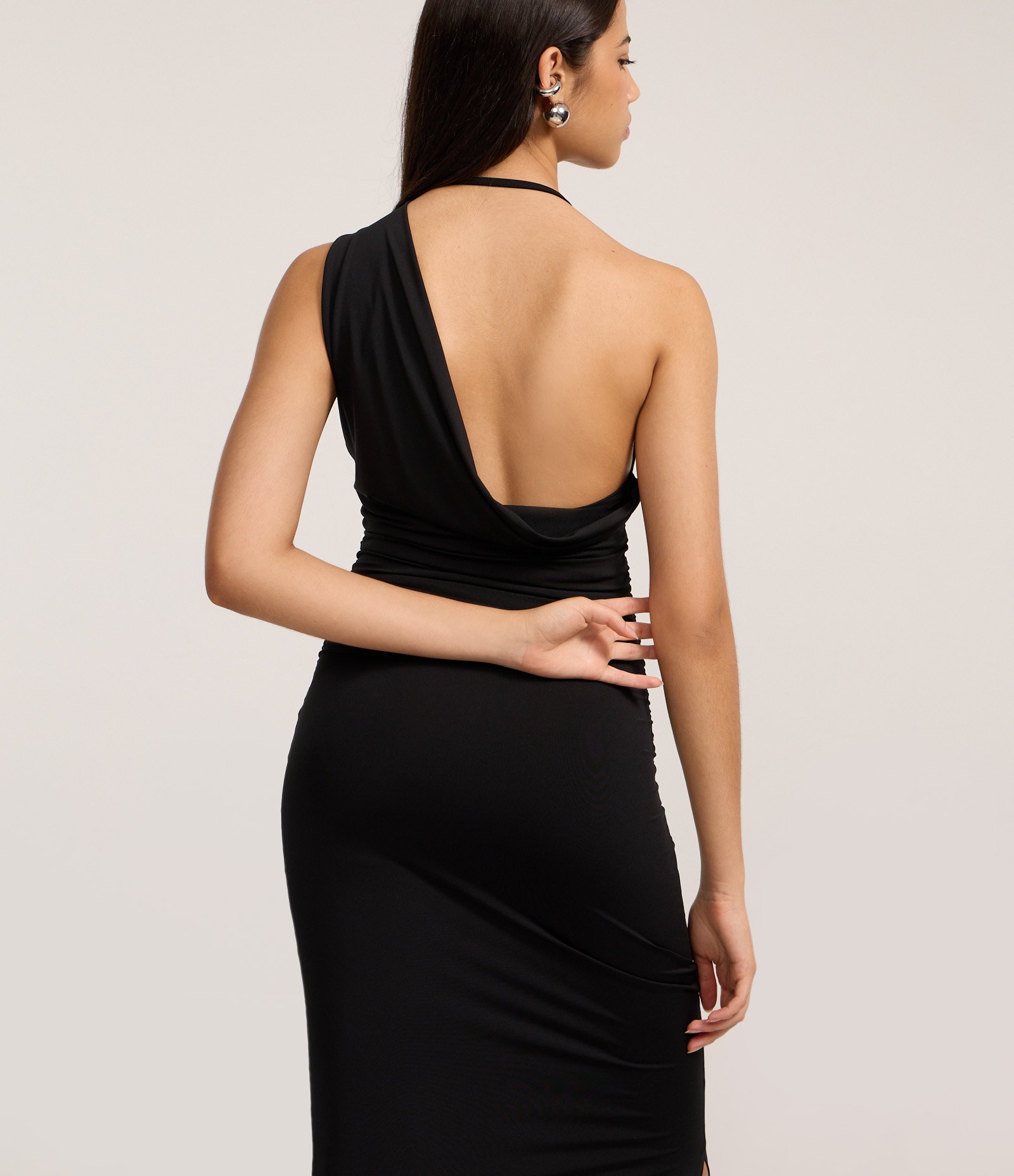 Vestido New Midi em Microfibra com Fenda Preto 3