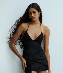 Body Frente Única em Tule com Decote Franzido