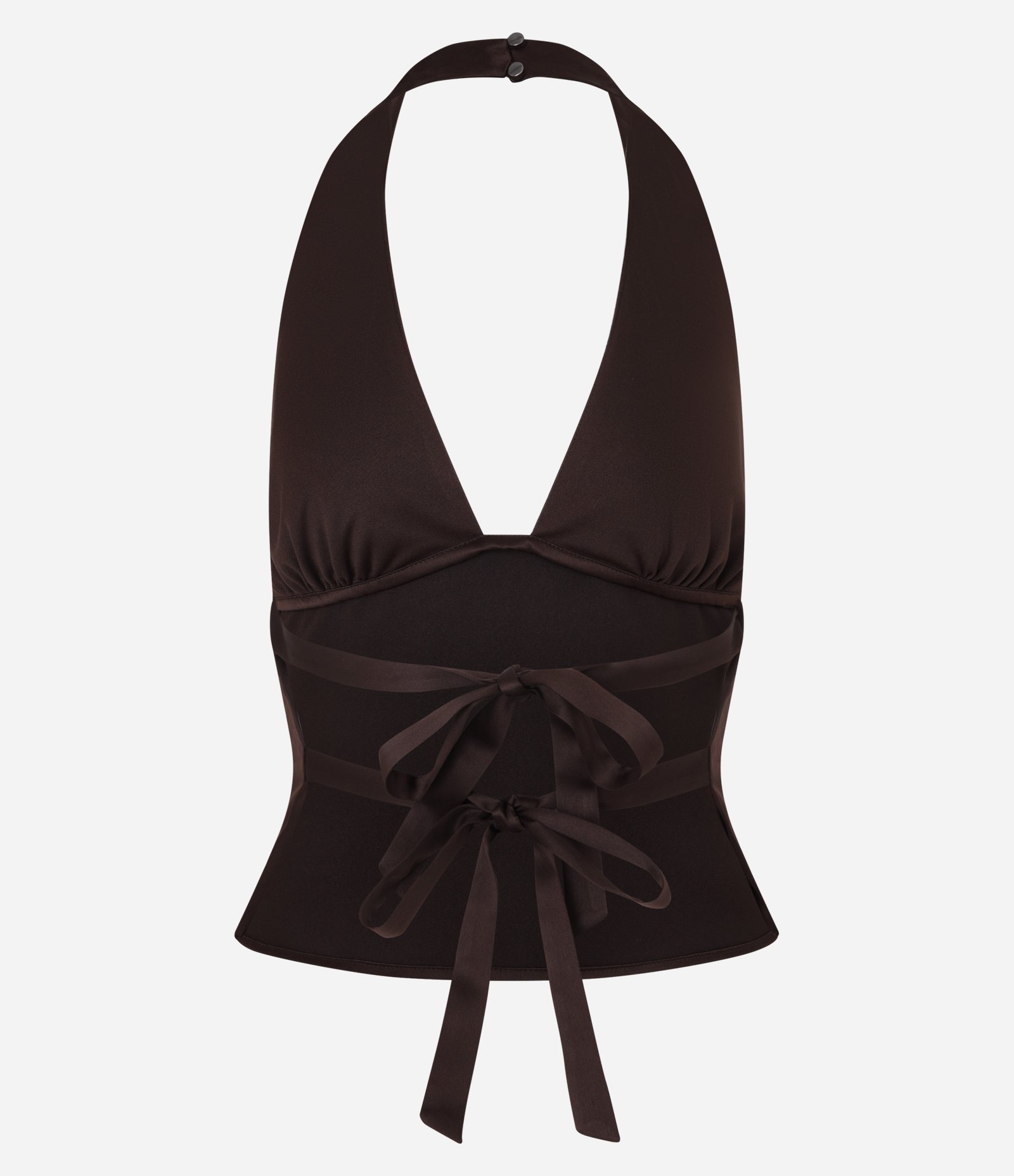 Blusa em Cetim Frente Única com Amarração nas Costas Marrom 5