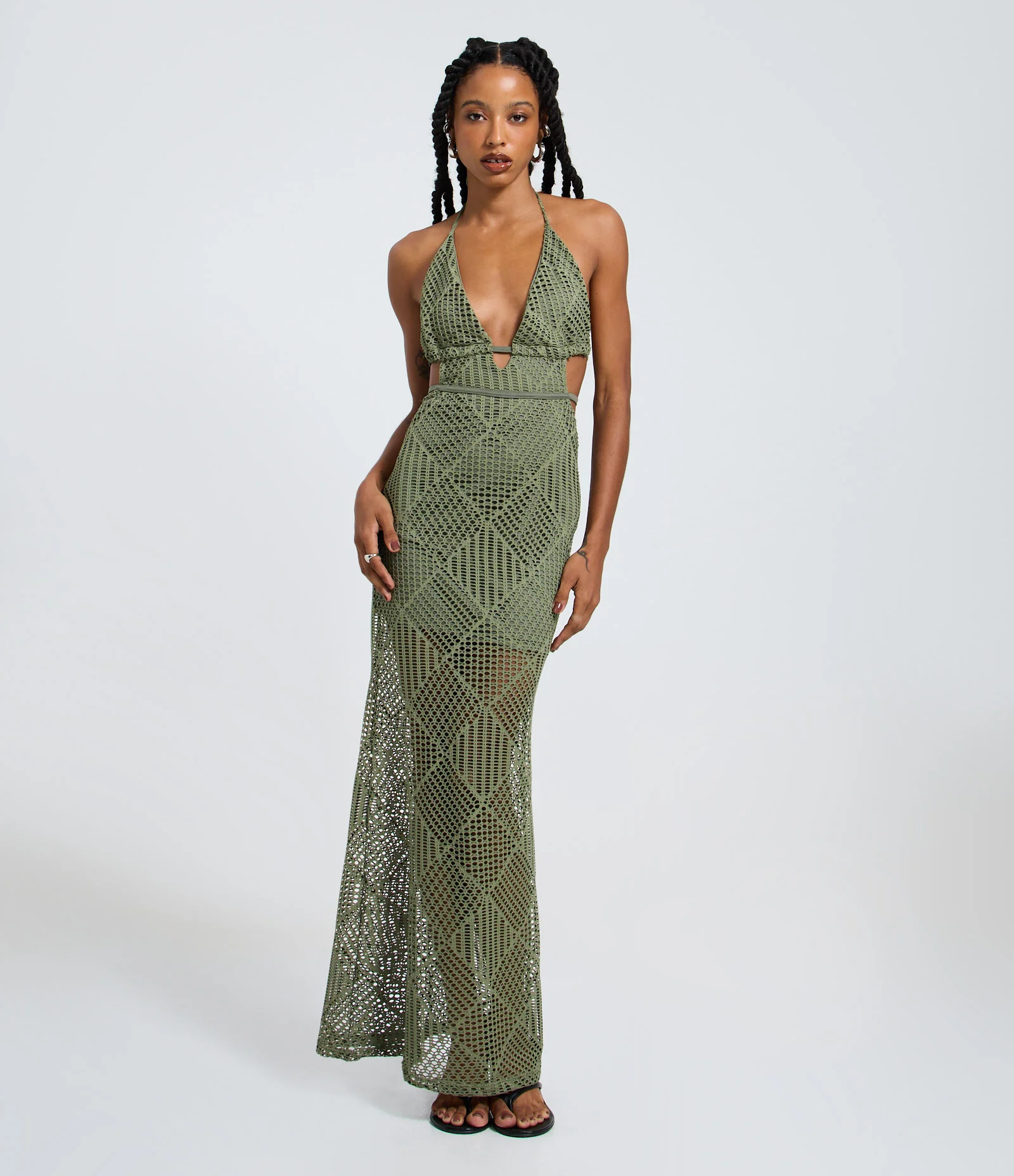 Vestido New Midi Frente Única com Efeito Crochê Verde 1