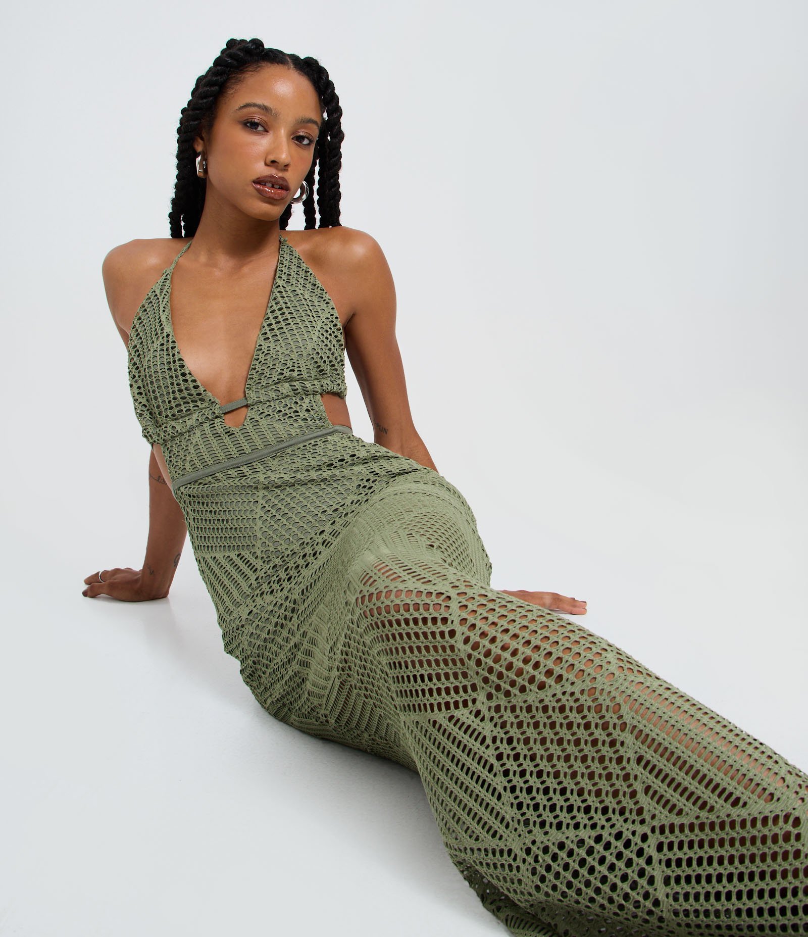 Vestido New Midi Frente Única com Efeito Crochê Verde 3