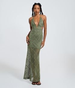 Vestido New Midi Frente Única com Efeito Crochê