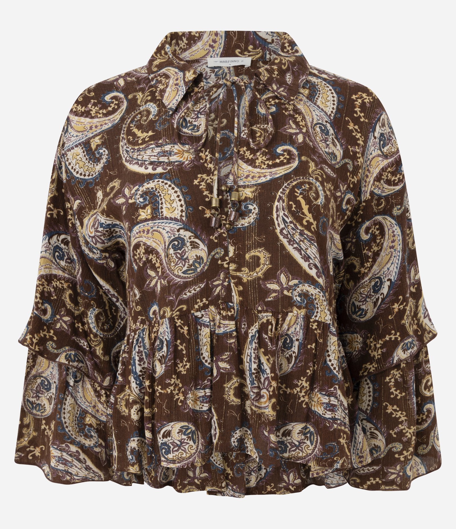 Blusa em Chiffon com Babados e Estampa Paisley Marrom 5