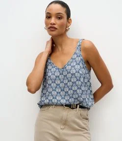 Blusa Feminina Sem Manga Folhagem com Decote V
